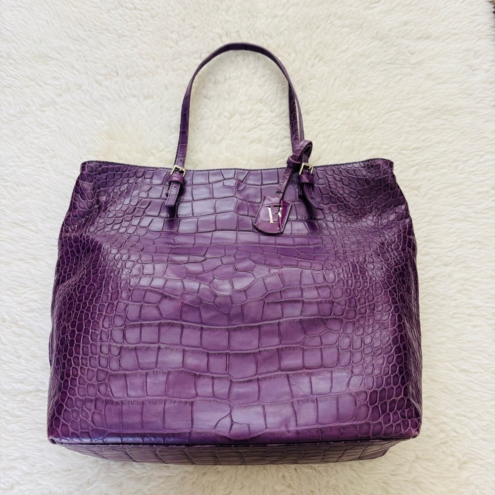 Furla Italy Purple Crocodile Embossed Tote Bag